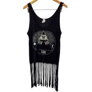 Size L – Y2K Upcycled Fringe Tank with Mystical Evil Eye Graphic